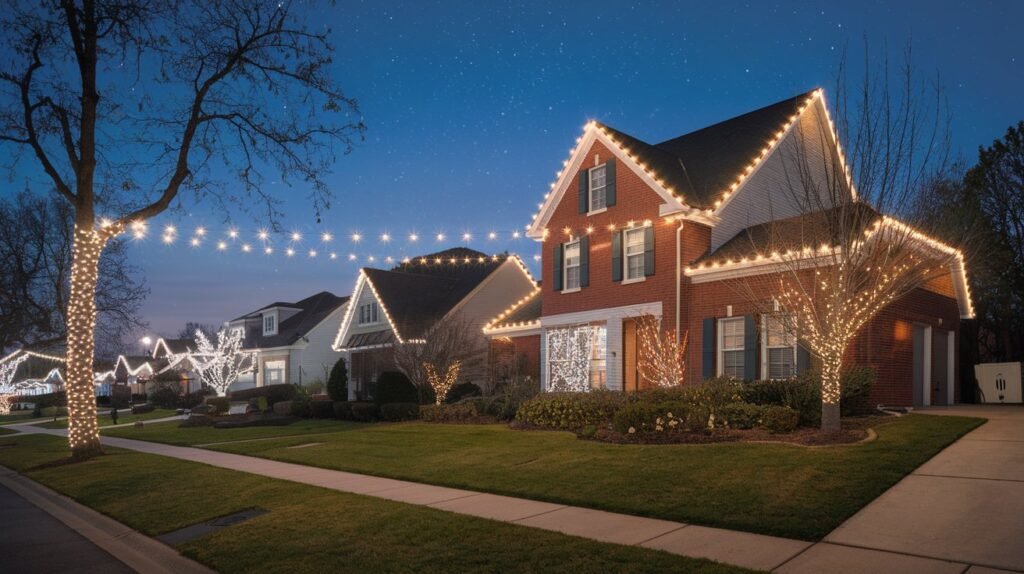 Wrapped tree trunks and lit walkway in a front yard