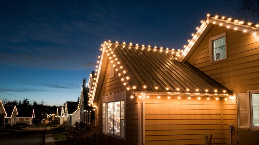 Warm white C9 Christmas lights installed along a home's roofline, gutters and eaves at night