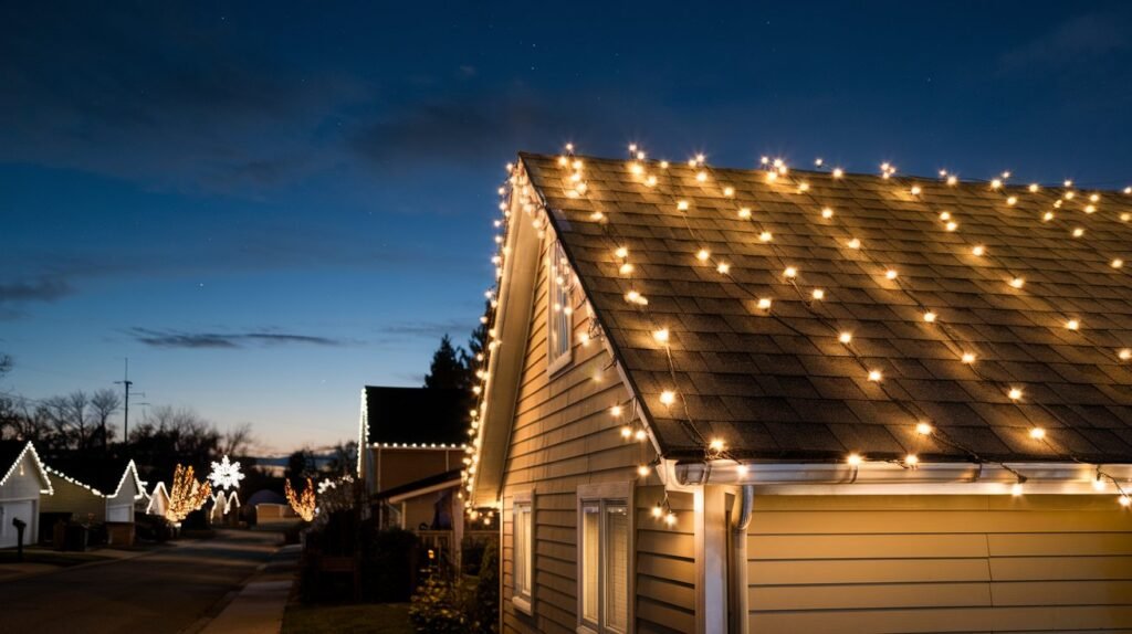 Roofline lined with warm white bulbs at night