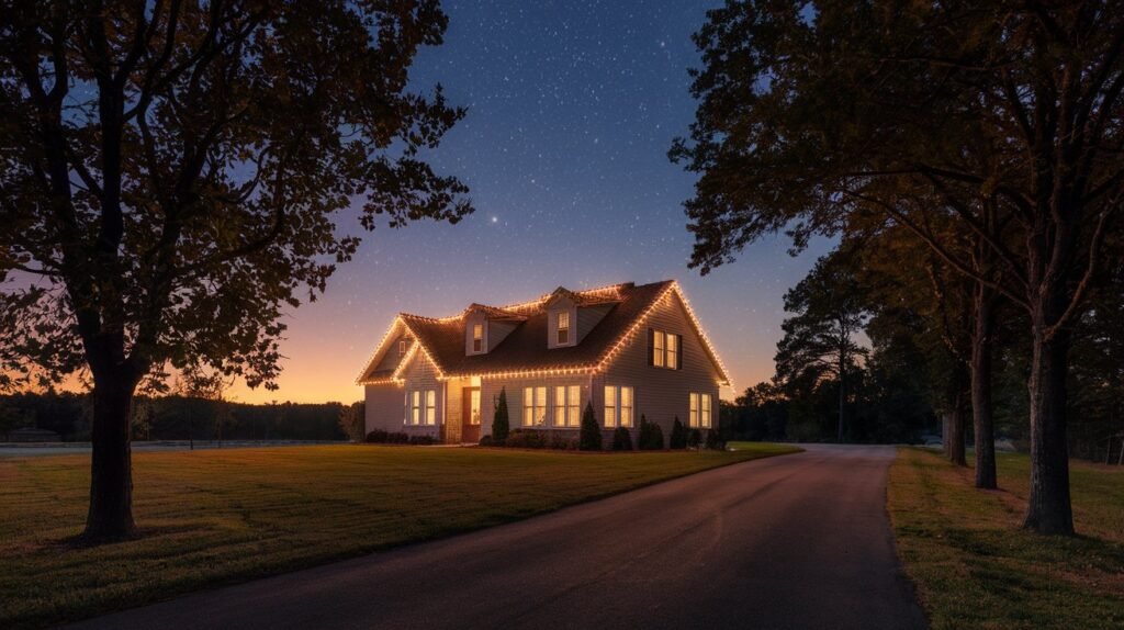 Farmhouse outlined in classic warm white lights at twilight, framed by trees