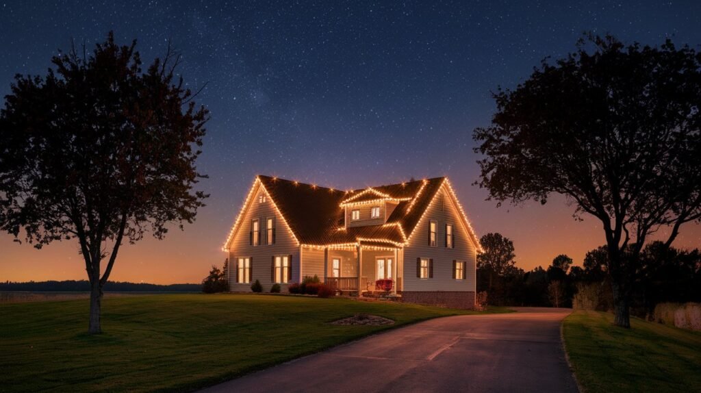 Ranch home glowing with outlined roofline and windows at dusk