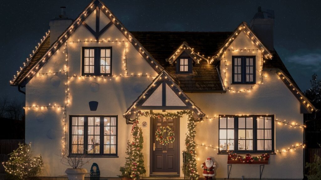 Front door with lit wreath and garland on a Tudor-style home