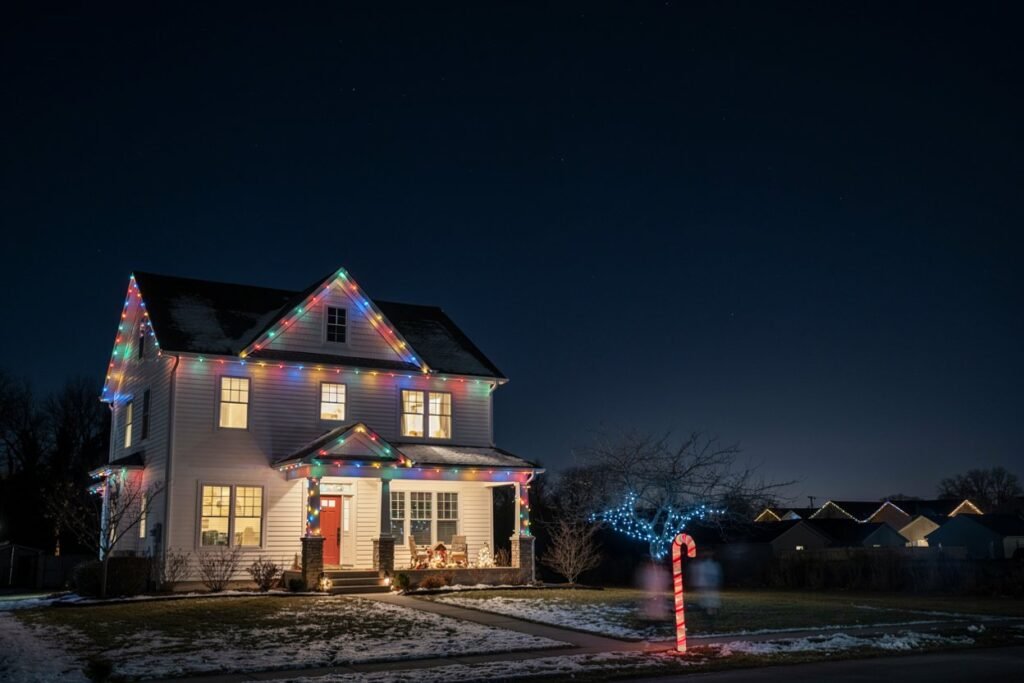 Home lit with multicolor lights and a candy-cane path light