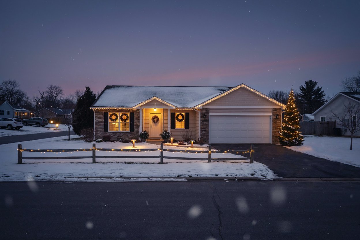 Snow-covered Brooklyn, CT home with warm white Christmas lights along the roofline, wreaths and a lit tree at dusk