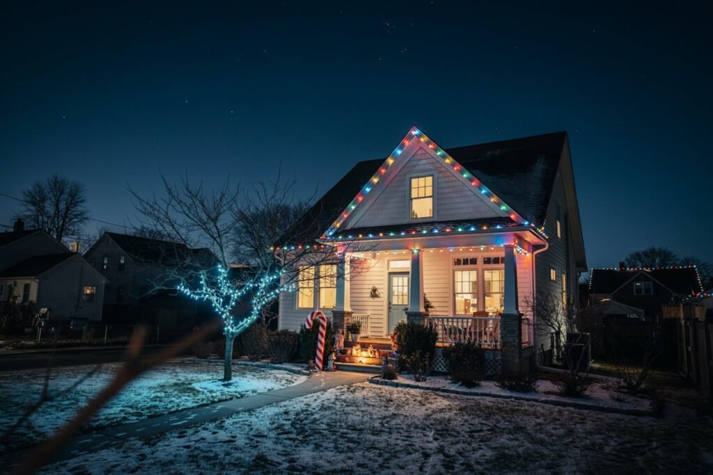 Two-story home lit with multicolor roofline lights and a blue-lit tree in the yard